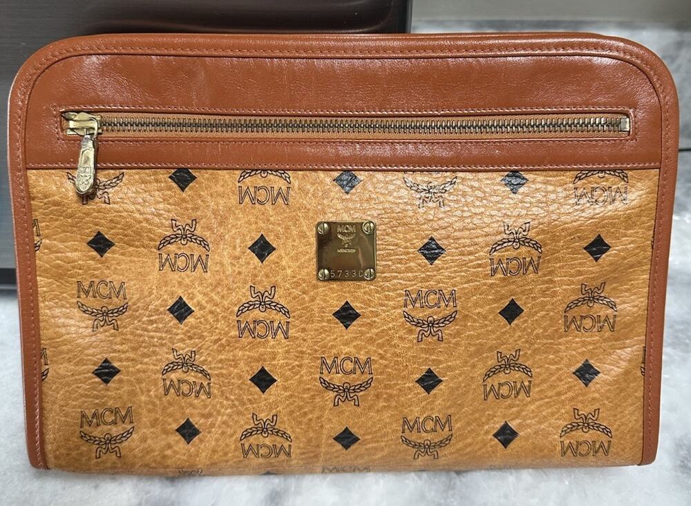 MCM Logogram Cognac Visetos Portfolio Clutch Bag Coated Leather Brown Authentic